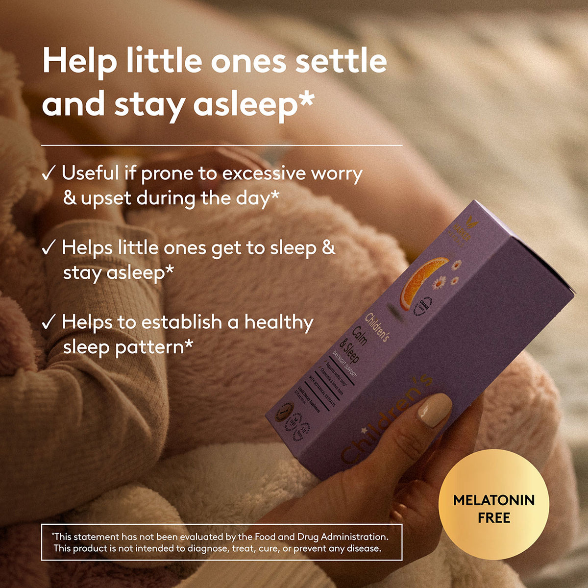 Childrens Calm and Sleep. Hand holding a purple box labeled 'Melatonin Free' next to a teddy bear, with text about helping children settle and stay asleep.