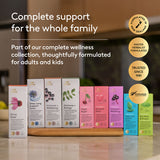 Collection of Harker Herbal Herbal formula support health product boxes on a wooden surface with promotional text about family support and wellness.