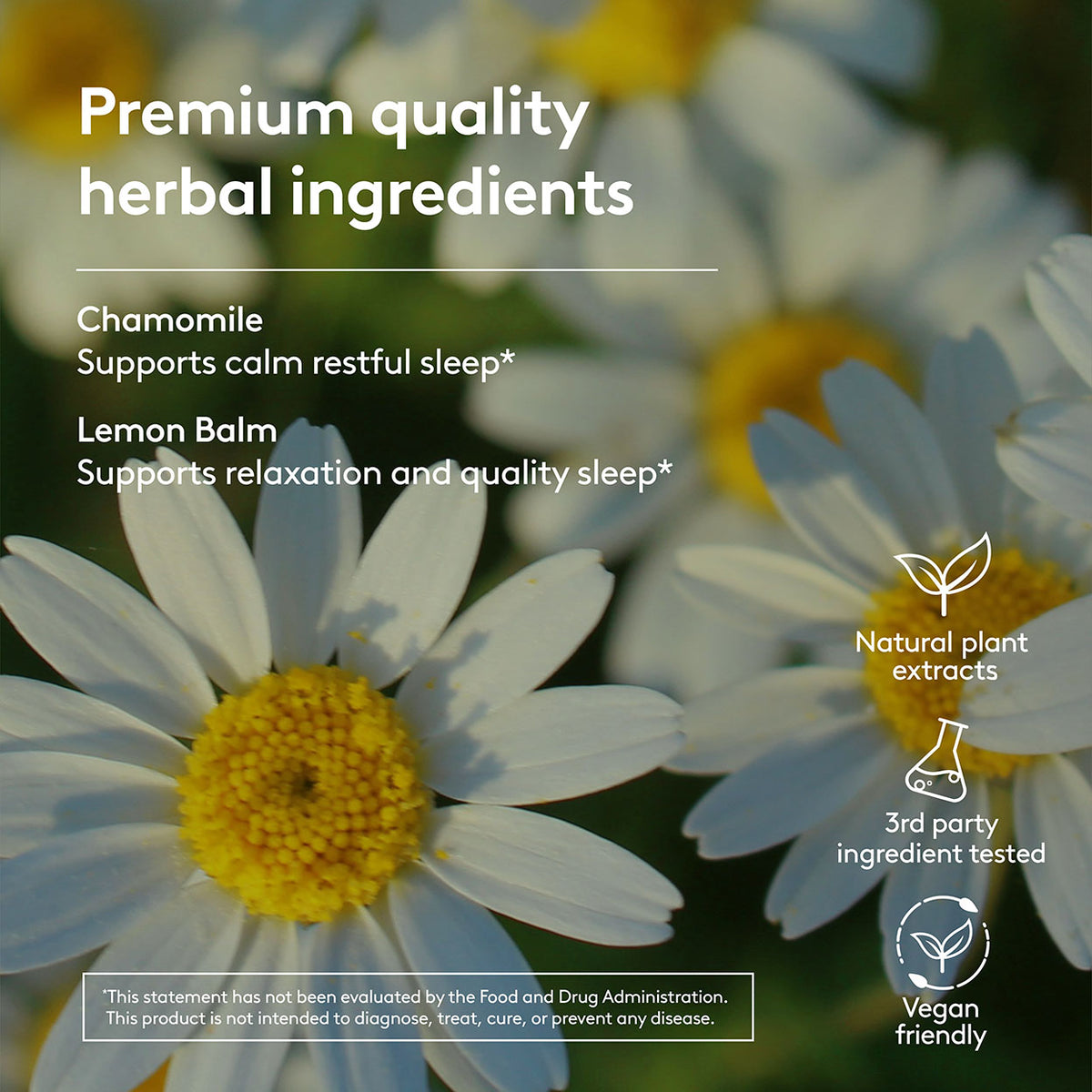 Herbal ingredients. Chamomile and lemon balm flowers with text about premium quality herbal ingredients.