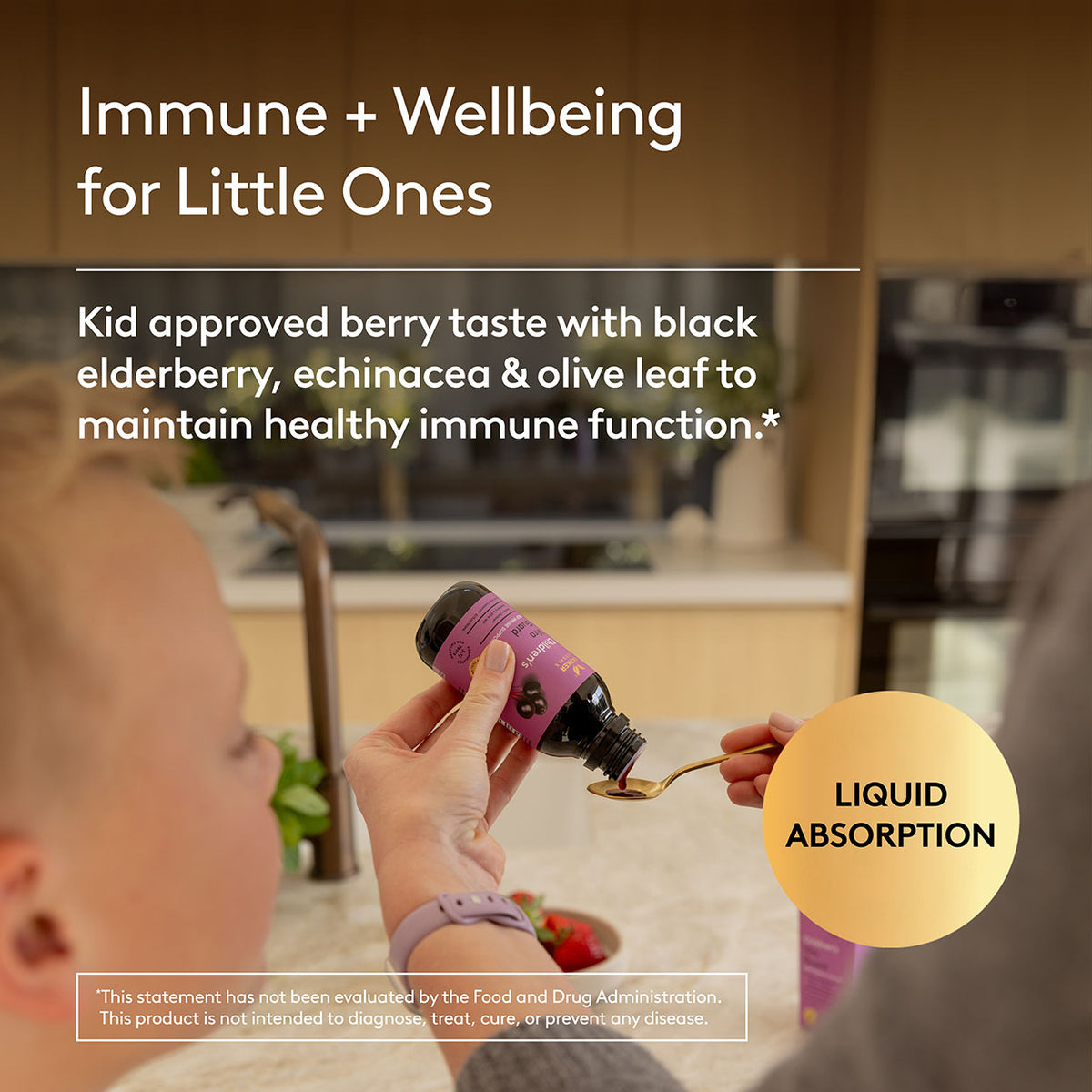 Person feeding a child a spoonful of a supplement with text about immune support for kids.
